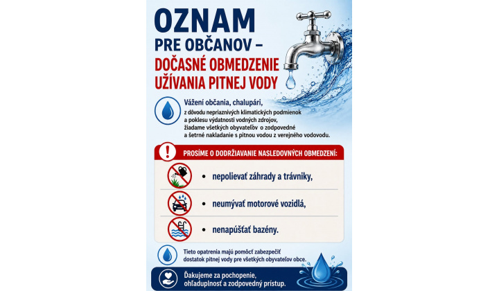 Oznam o dočasnom užívaní pitnej vody 
