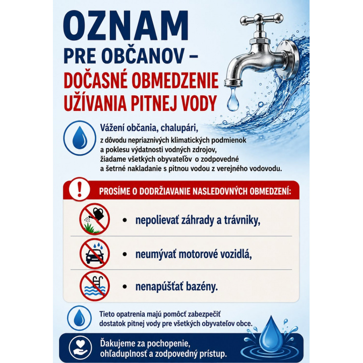 Oznam o dočasnom užívaní pitnej vody 